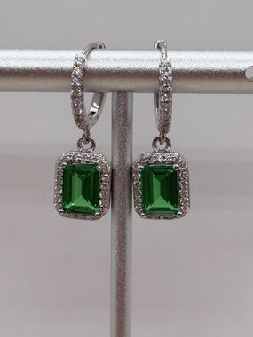 High Quality Lab Grown Green Tsavorite Gemstone Halo Drop S925 Silver Earrings